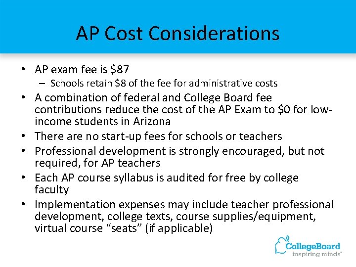 AP Cost Considerations • AP exam fee is $87 – Schools retain $8 of