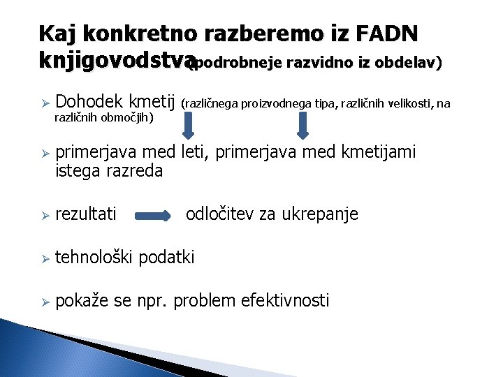 Kaj konkretno razberemo iz FADN knjigovodstva(podrobneje razvidno iz obdelav) Ø Ø Dohodek kmetij različnih