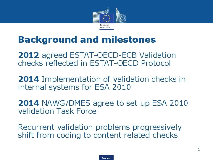 Background and milestones 2012 agreed ESTAT-OECD-ECB Validation checks reflected in ESTAT-OECD Protocol 2014 Implementation