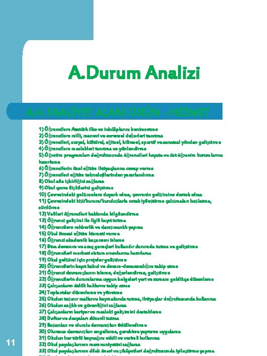 A. Durum Analizi A. 4. FAALİYET ALANI ÜRÜN - HİZMET 11 1) Öğrencilere Atatürk A. Durum Analizi A. 4. FAALİYET ALANI ÜRÜN - HİZMET 11 1) Öğrencilere Atatürk