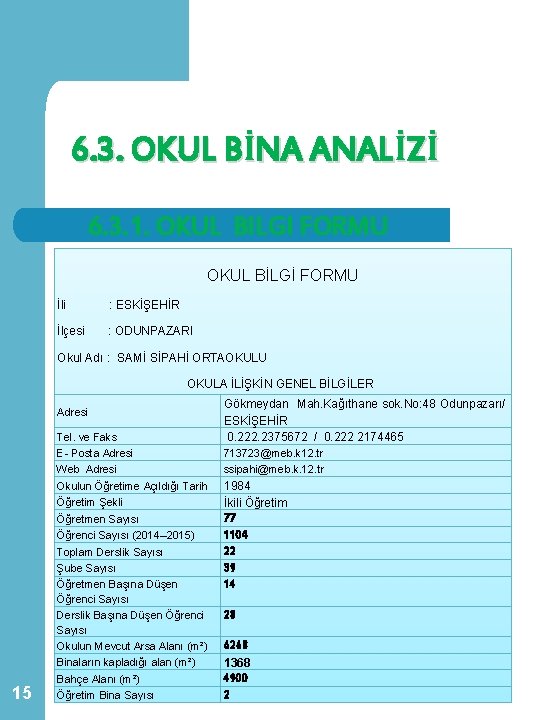 6. 3. OKUL BİNA ANALİZİ 6. 3. 1. OKUL BILGI FORMU OKUL BİLGİ FORMU