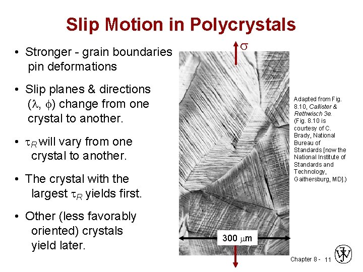 Slip Motion in Polycrystals • Stronger - grain boundaries pin deformations • Slip planes