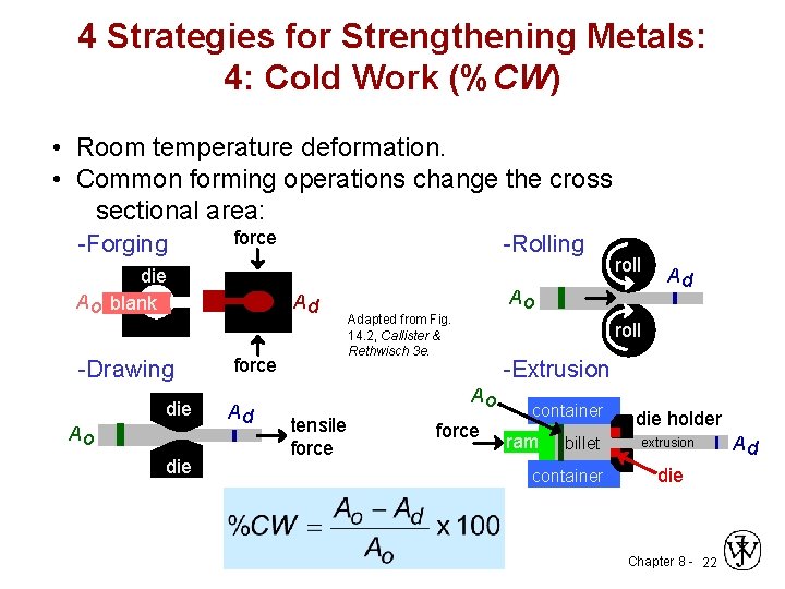 4 Strategies for Strengthening Metals: 4: Cold Work (%CW) • Room temperature deformation. •