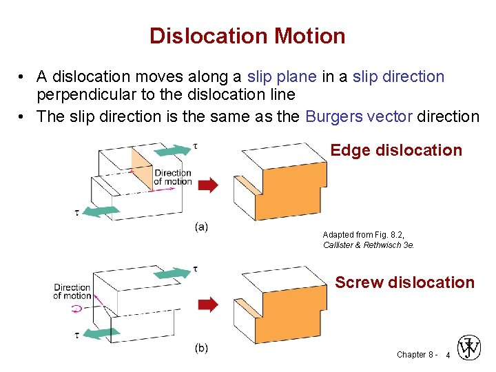 Dislocation Motion • A dislocation moves along a slip plane in a slip direction