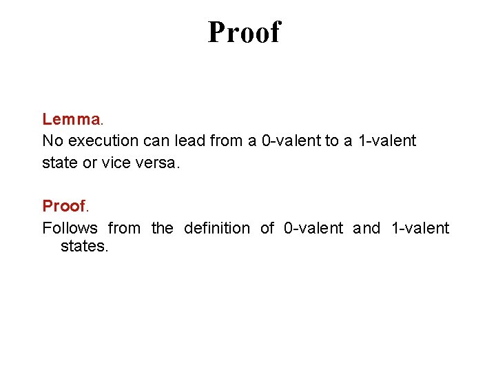 Proof Lemma. No execution can lead from a 0 -valent to a 1 -valent