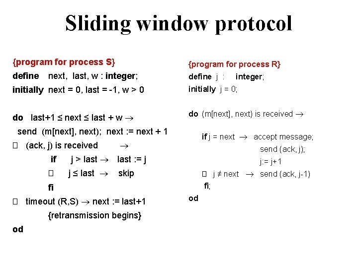 Sliding window protocol {program for process S} {program for process R} define j :