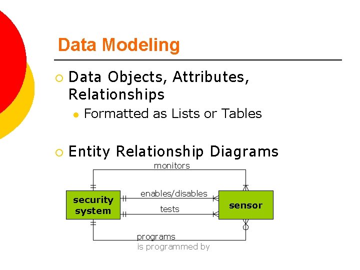 Data Modeling ¡ Data Objects, Attributes, Relationships l ¡ Formatted as Lists or Tables