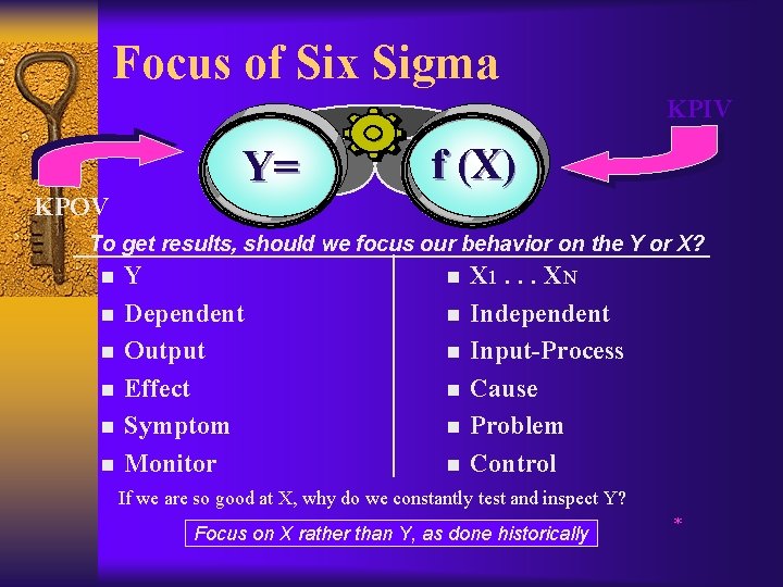 Focus of Six Sigma KPIV KPOV Y= f (X) To get results, should we