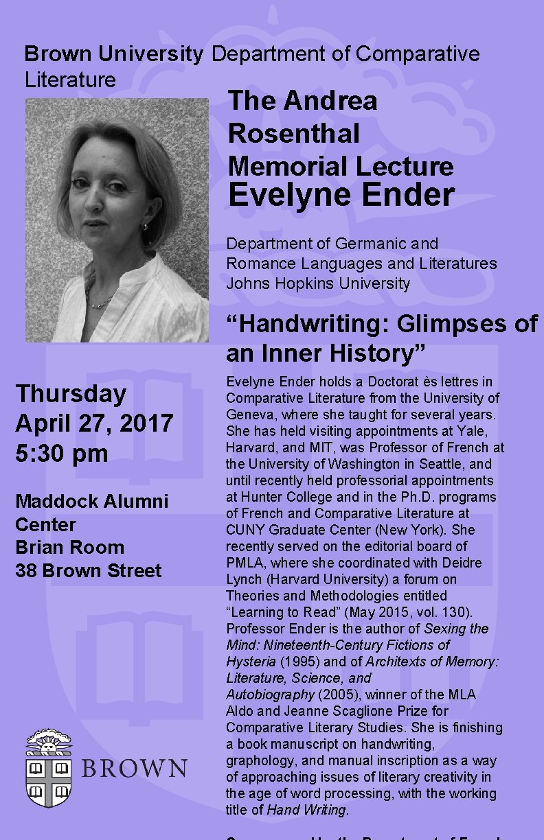 Brown University Department of Comparative Literature The Andrea Rosenthal Memorial Lecture Evelyne Ender Department