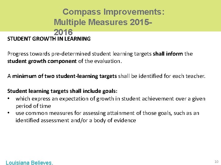 Compass Improvements: Multiple Measures 20152016 STUDENT GROWTH IN LEARNING Progress towards pre-determined student learning Compass Improvements: Multiple Measures 20152016 STUDENT GROWTH IN LEARNING Progress towards pre-determined student learning