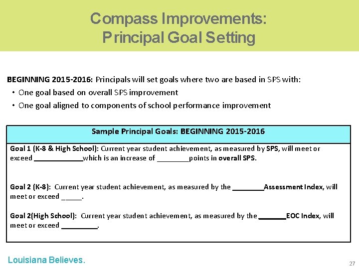 Compass Improvements: Principal Goal Setting BEGINNING 2015 -2016: Principals will set goals where two Compass Improvements: Principal Goal Setting BEGINNING 2015 -2016: Principals will set goals where two