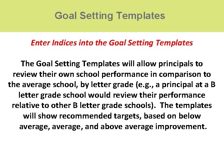 Goal Setting Templates Enter Indices into the Goal Setting Templates The Goal Setting Templates Goal Setting Templates Enter Indices into the Goal Setting Templates The Goal Setting Templates