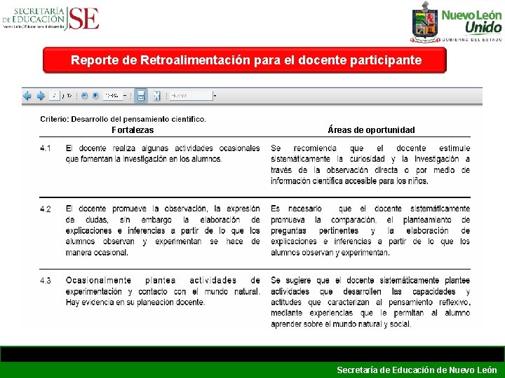 Reporte de Retroalimentación para el docente participante Fortalezas Áreas de oportunidad Secretaría de Educación Reporte de Retroalimentación para el docente participante Fortalezas Áreas de oportunidad Secretaría de Educación