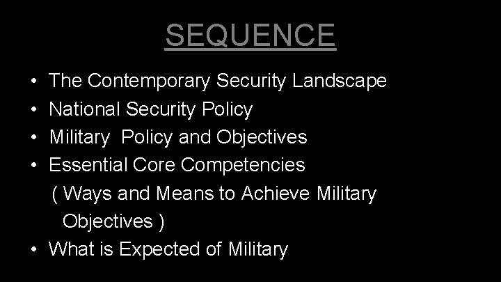 SEQUENCE • • The Contemporary Security Landscape National Security Policy Military Policy and Objectives SEQUENCE • • The Contemporary Security Landscape National Security Policy Military Policy and Objectives