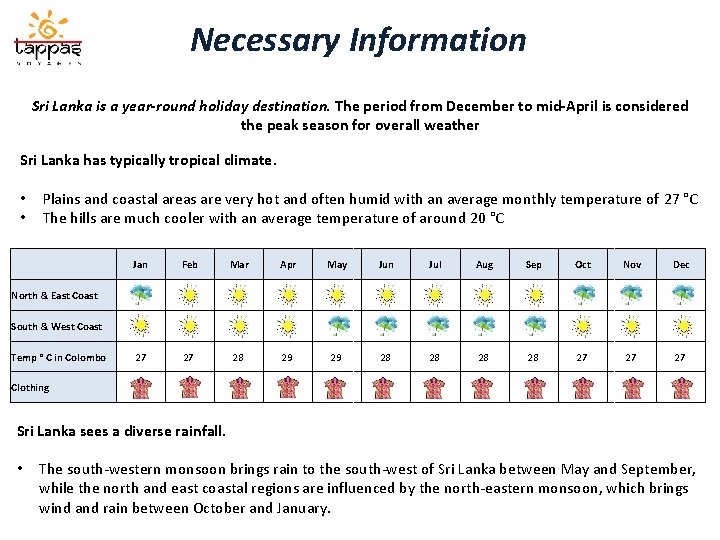 Necessary Information Sri Lanka is a year-round holiday destination. The period from December to