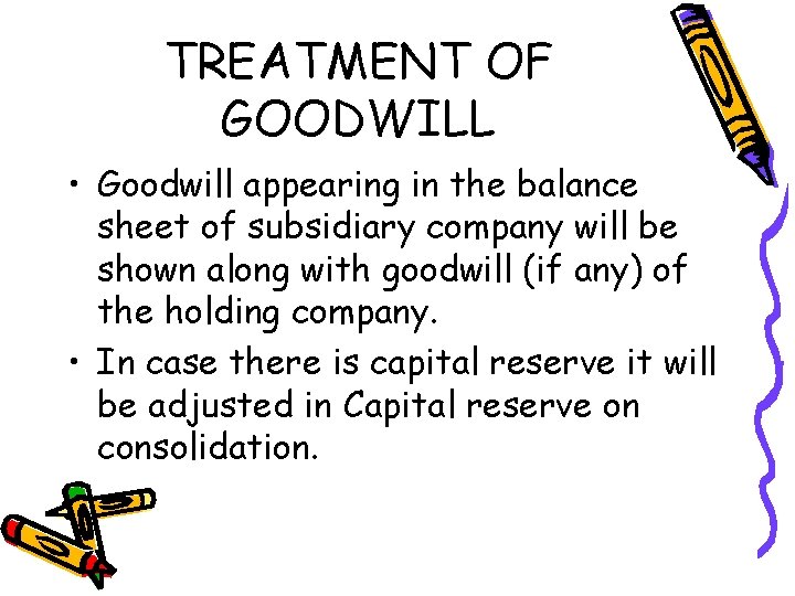 TREATMENT OF GOODWILL • Goodwill appearing in the balance sheet of subsidiary company will