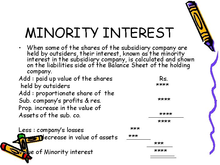 MINORITY INTEREST • When some of the shares of the subsidiary company are held