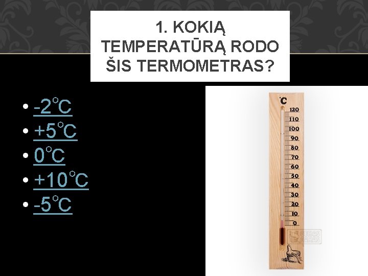 1. KOKIĄ TEMPERATŪRĄ RODO ŠIS TERMOMETRAS? • -2℃ • +5℃ • 0℃ • +10℃