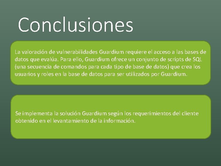 Conclusiones La valoración de vulnerabilidades Guardium requiere el acceso a las bases de datos