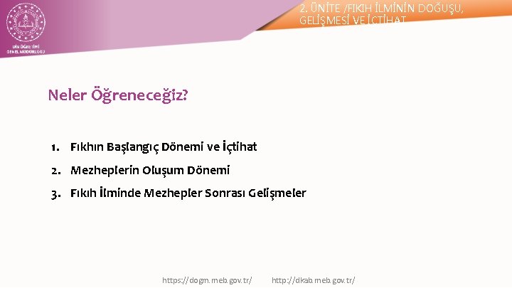 2. ÜNİTE /FIKIH İLMİNİN DOĞUŞU, GELİŞMESİ VE İÇTİHAT Neler Öğreneceğiz? 1. Fıkhın Başlangıç Dönemi