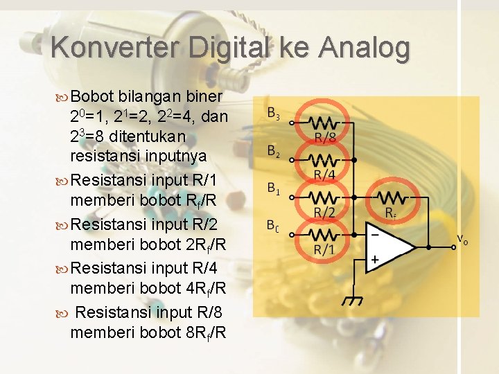 Konverter Digital ke Analog Bobot bilangan biner 20=1, 21=2, 22=4, dan 23=8 ditentukan resistansi