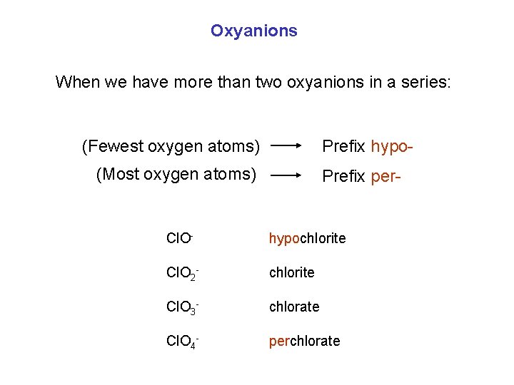 Oxyanions When we have more than two oxyanions in a series: (Fewest oxygen atoms)