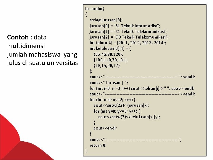 Contoh : data multidimensi jumlah mahasiswa yang lulus di suatu universitas int main() {