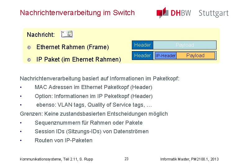 Nachrichtenverarbeitung im Switch Nachricht: Ethernet Rahmen (Frame) IP Paket (im Ehernet Rahmen) Header Payload