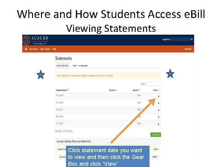 Where and How Students Access e. Bill Viewing Statements Click statement date you want