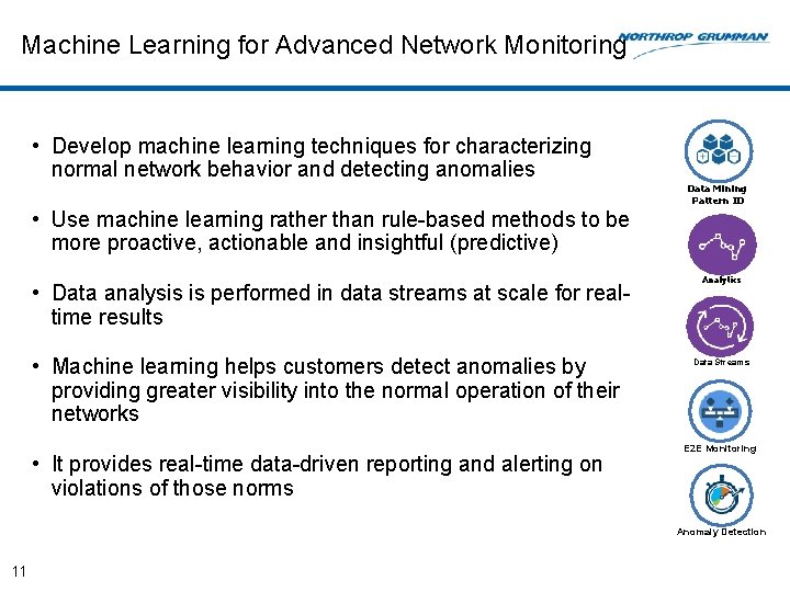 Machine Learning for Advanced Network Monitoring • Develop machine learning techniques for characterizing normal