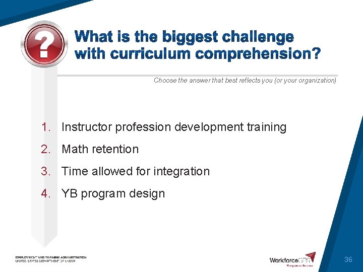 Choose the answer that best reflects you (or your organization) 1. Instructor profession development