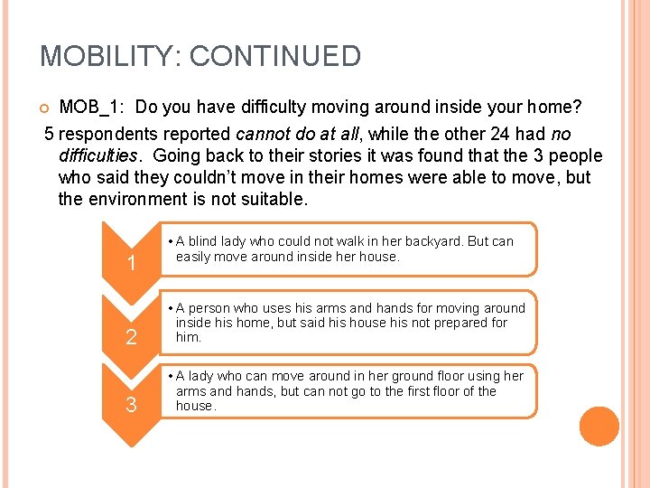 MOBILITY: CONTINUED MOB_1: Do you have difficulty moving around inside your home? 5 respondents