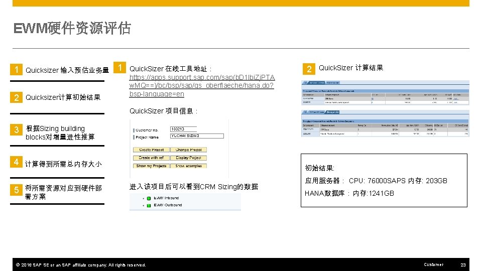 EWM硬件资源评估 1 Quicksizer 输入预估业务量 2 Quicksizer计算初始结果 1 Quick. Sizer 在线 具地址： https: //apps. support.