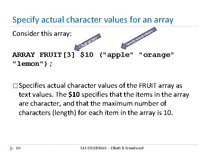 Specify actual character values for an array Consider this array: ter c a r