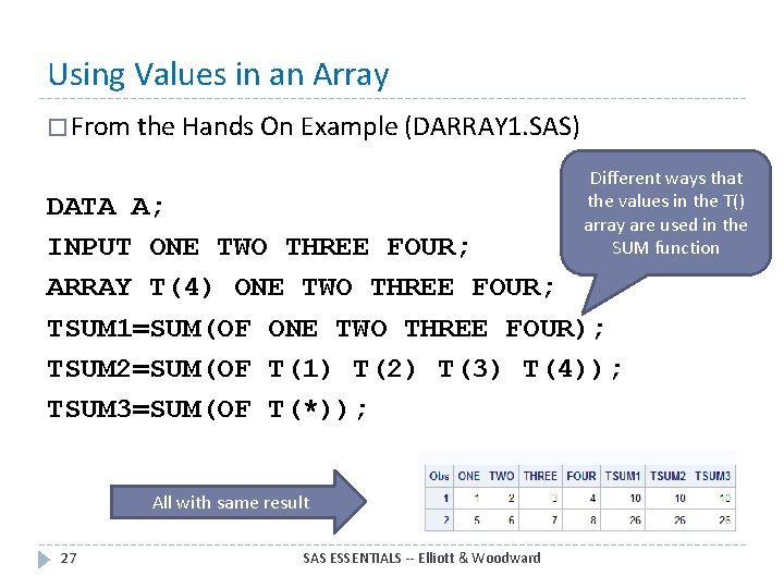 Using Values in an Array � From the Hands On Example (DARRAY 1. SAS)