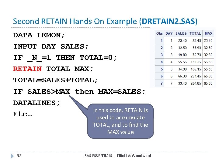 Second RETAIN Hands On Example (DRETAIN 2. SAS) DATA LEMON; INPUT DAY SALES; IF