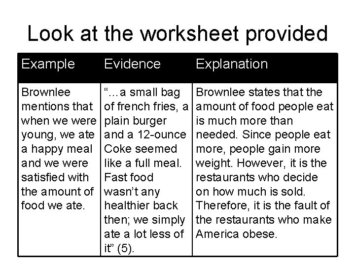 Look at the worksheet provided Example Evidence Explanation Brownlee mentions that when we were