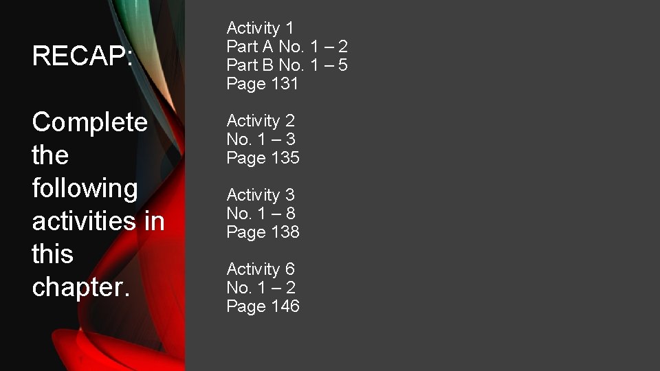 RECAP: Complete the following activities in this chapter. Activity 1 Part A No. 1