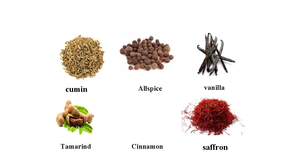 cumin Tamarind Allspice Cinnamon vanilla saffron 