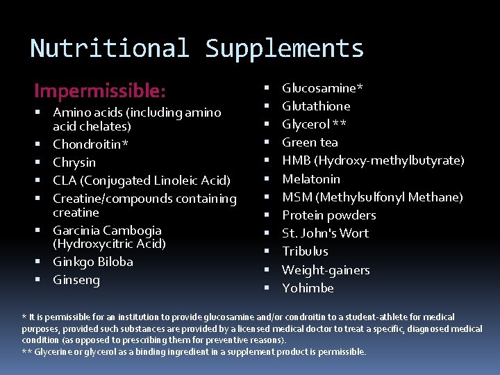 Nutritional Supplements Impermissible: Amino acids (including amino acid chelates) Chondroitin* Chrysin CLA (Conjugated Linoleic