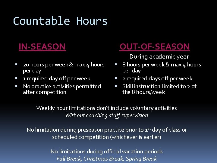 Countable Hours IN-SEASON OUT-OF-SEASON During academic year 20 hours per week & max 4