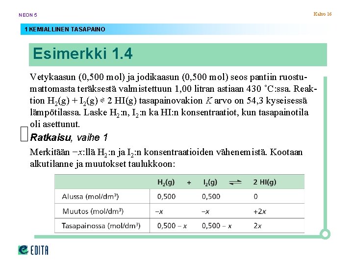 NEON 5 Kalvo 16 1 KEMIALLINEN TASAPAINO Esimerkki 1. 4 Vetykaasun (0, 500 mol) NEON 5 Kalvo 16 1 KEMIALLINEN TASAPAINO Esimerkki 1. 4 Vetykaasun (0, 500 mol)