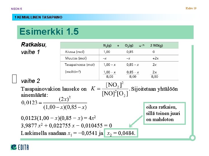Kalvo 19 NEON 5 1 KEMIALLINEN TASAPAINO Esimerkki 1. 5 Ratkaisu, vaihe 1 vaihe Kalvo 19 NEON 5 1 KEMIALLINEN TASAPAINO Esimerkki 1. 5 Ratkaisu, vaihe 1 vaihe