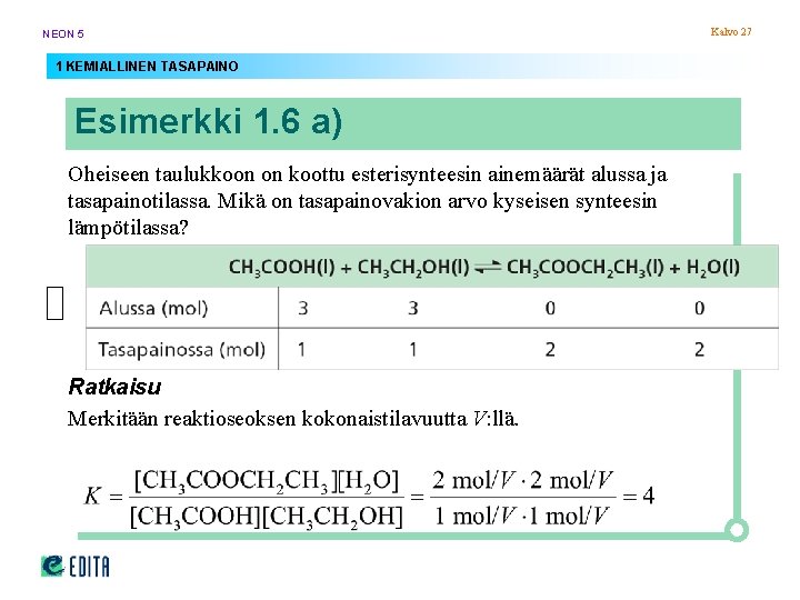 NEON 5 1 KEMIALLINEN TASAPAINO Esimerkki 1. 6 a) Oheiseen taulukkoon on koottu esterisynteesin NEON 5 1 KEMIALLINEN TASAPAINO Esimerkki 1. 6 a) Oheiseen taulukkoon on koottu esterisynteesin