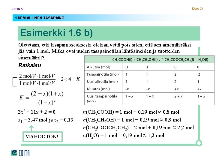 Kalvo 28 NEON 5 1 KEMIALLINEN TASAPAINO Esimerkki 1. 6 b) Oletetaan, että tasapainoseoksesta Kalvo 28 NEON 5 1 KEMIALLINEN TASAPAINO Esimerkki 1. 6 b) Oletetaan, että tasapainoseoksesta