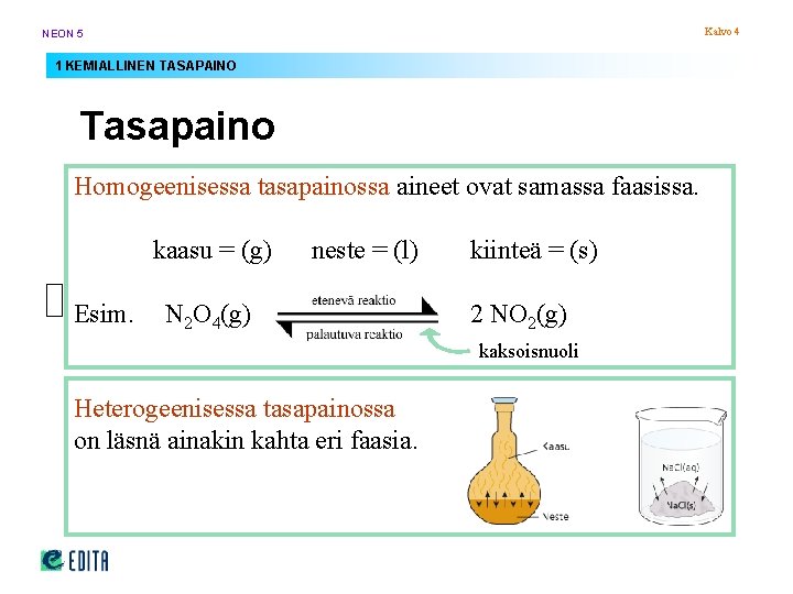 Kalvo 4 NEON 5 1 KEMIALLINEN TASAPAINO Tasapaino Homogeenisessa tasapainossa aineet ovat samassa faasissa. Kalvo 4 NEON 5 1 KEMIALLINEN TASAPAINO Tasapaino Homogeenisessa tasapainossa aineet ovat samassa faasissa.