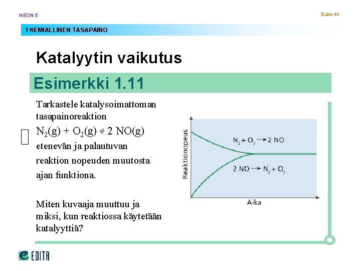 NEON 5 1 KEMIALLINEN TASAPAINO Katalyytin vaikutus Esimerkki 1. 11 Tarkastele katalysoimattoman tasapainoreaktion N NEON 5 1 KEMIALLINEN TASAPAINO Katalyytin vaikutus Esimerkki 1. 11 Tarkastele katalysoimattoman tasapainoreaktion N