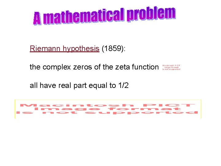 Riemann hypothesis (1859): the complex zeros of the zeta function all have real part