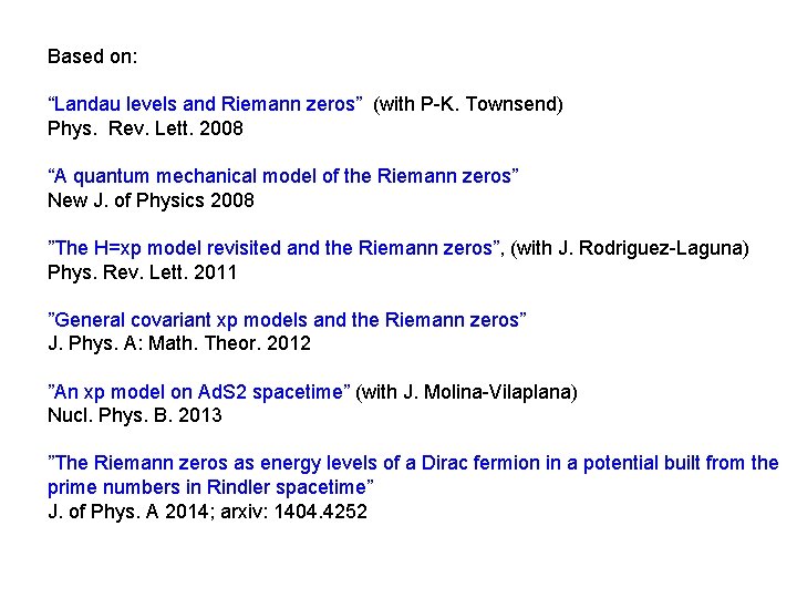 Based on: “Landau levels and Riemann zeros” (with P-K. Townsend) Phys. Rev. Lett. 2008