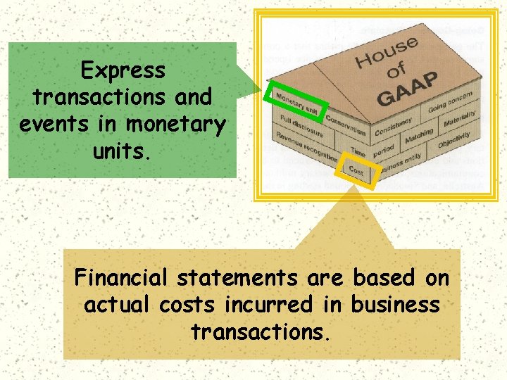 Express transactions and events in monetary units. Financial statements are based on actual costs